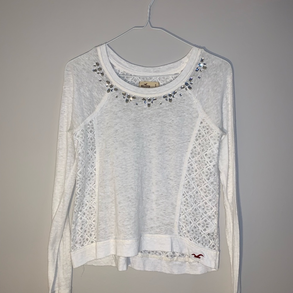White Long Sleeve Embellished Lace Top